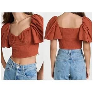 Jonathan Simkhai Puff Sleeves Cotton Linen Quince Cropped Top NEW $345 Size 6
